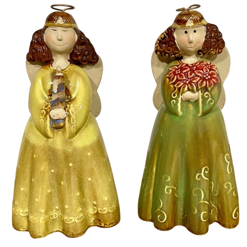 Vintage Pottery Angel Figurines Christmas Decor Poinsettias & Candle Farmhouse
